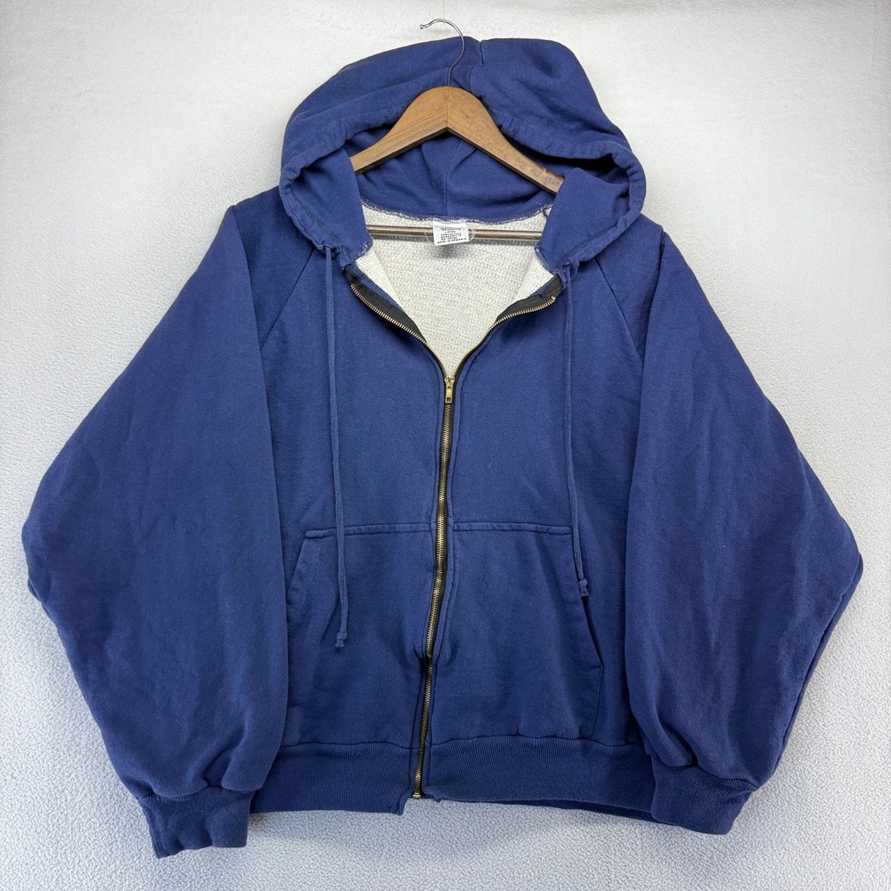 Vintage Blank Hoodie Men's large Blue Full Zip Sweatshirt Thermal Lined Thick